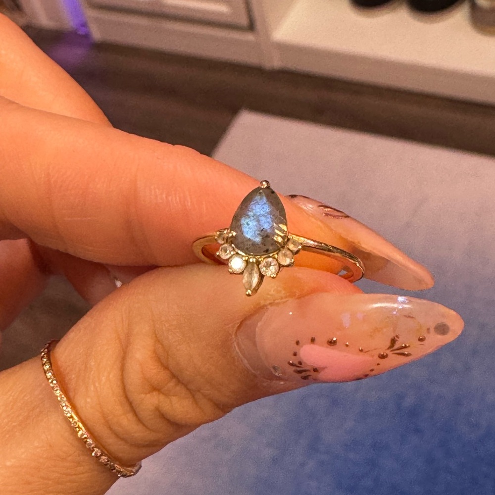 LOCAL ECLECTIC Solid Gold Labradorite Pear Dew Drop Moissanite Halo Dainty Ring - Picture 5 of 9